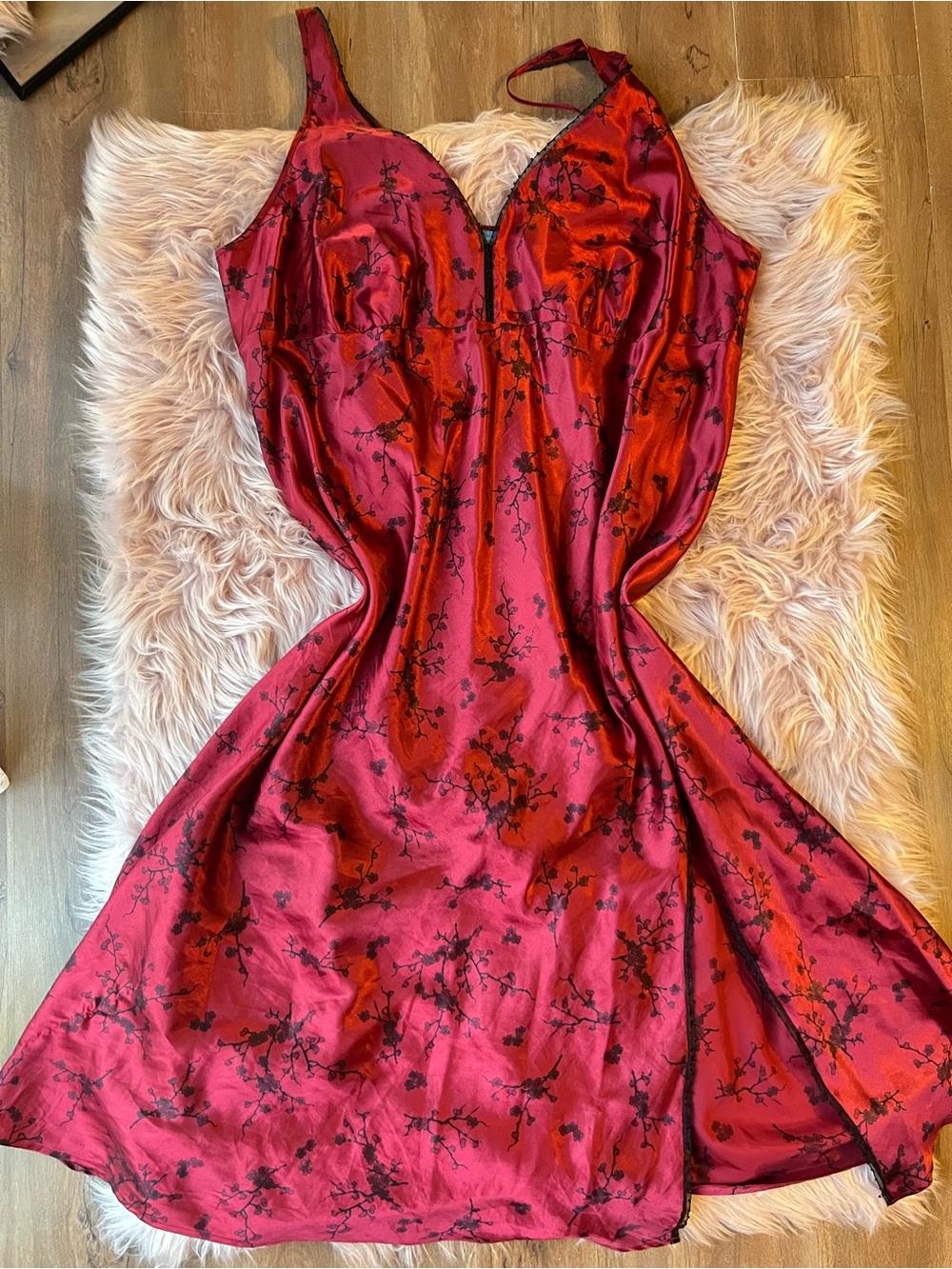 Vintage Plus Size Red Satin Floral Slip Dress with Black Print